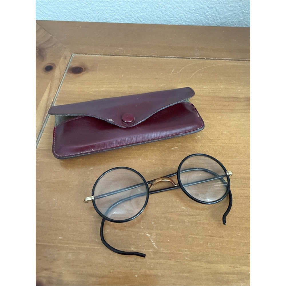 Antique Windsor Style Eyeglasses Black Metal Frame Gold Tone Hinges With Case